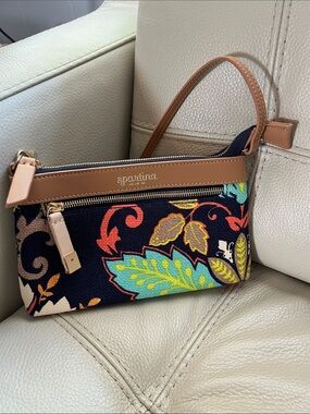 Spartina 449 Navy Floral Mini Purse with Tan Trim, Linen and Leather.